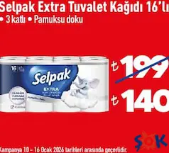 SELPAK EXTRA TUVALET KAĞIDI 3 KATLI 16'LI fiyat ve kampanya bilgisi